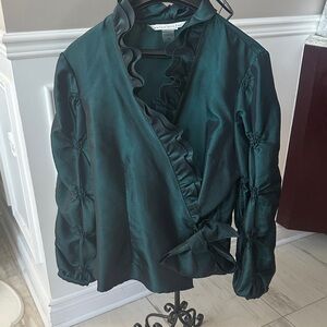 Peter Nygard Dark Green Satin Looking Ruffle Blouse